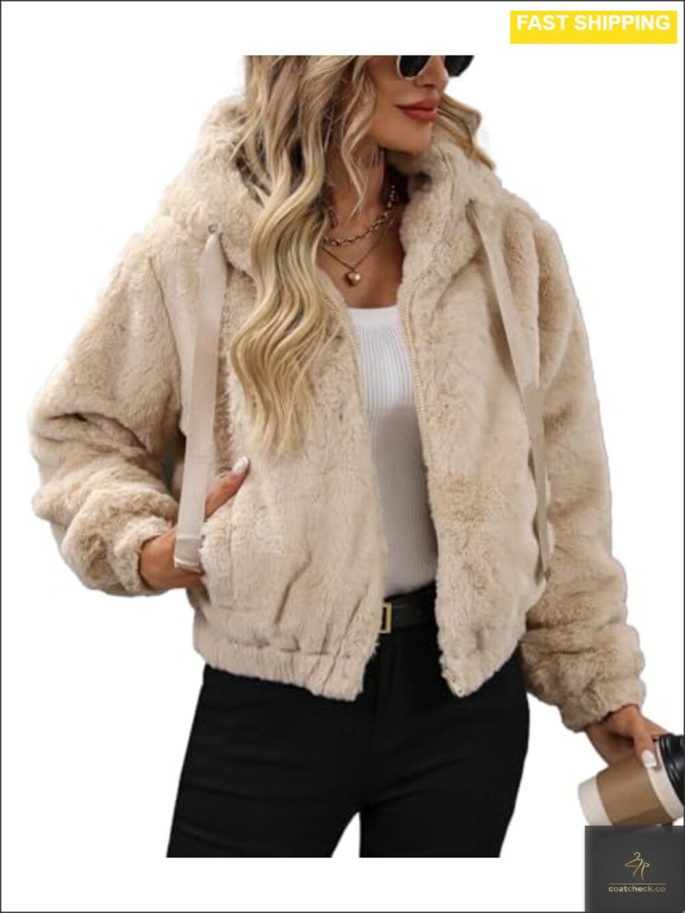 Faux Fur Crop Coat Zip Hood Sherpa Fleece Jacket